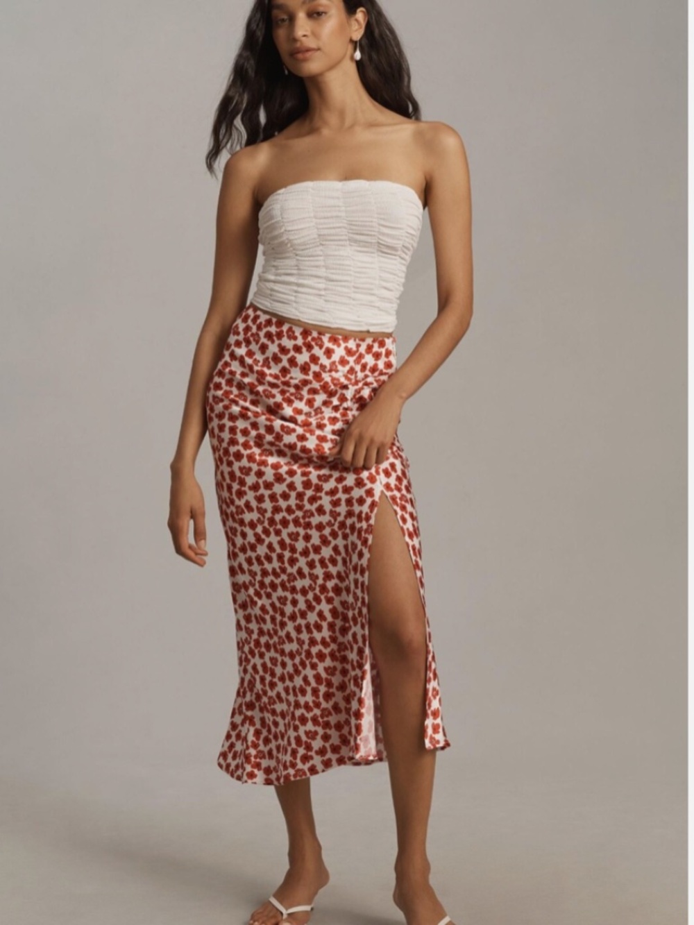 Anthropologie Mel Ruched Side-Slit Midi Skirt by Maeve XL NWT red poppies $118